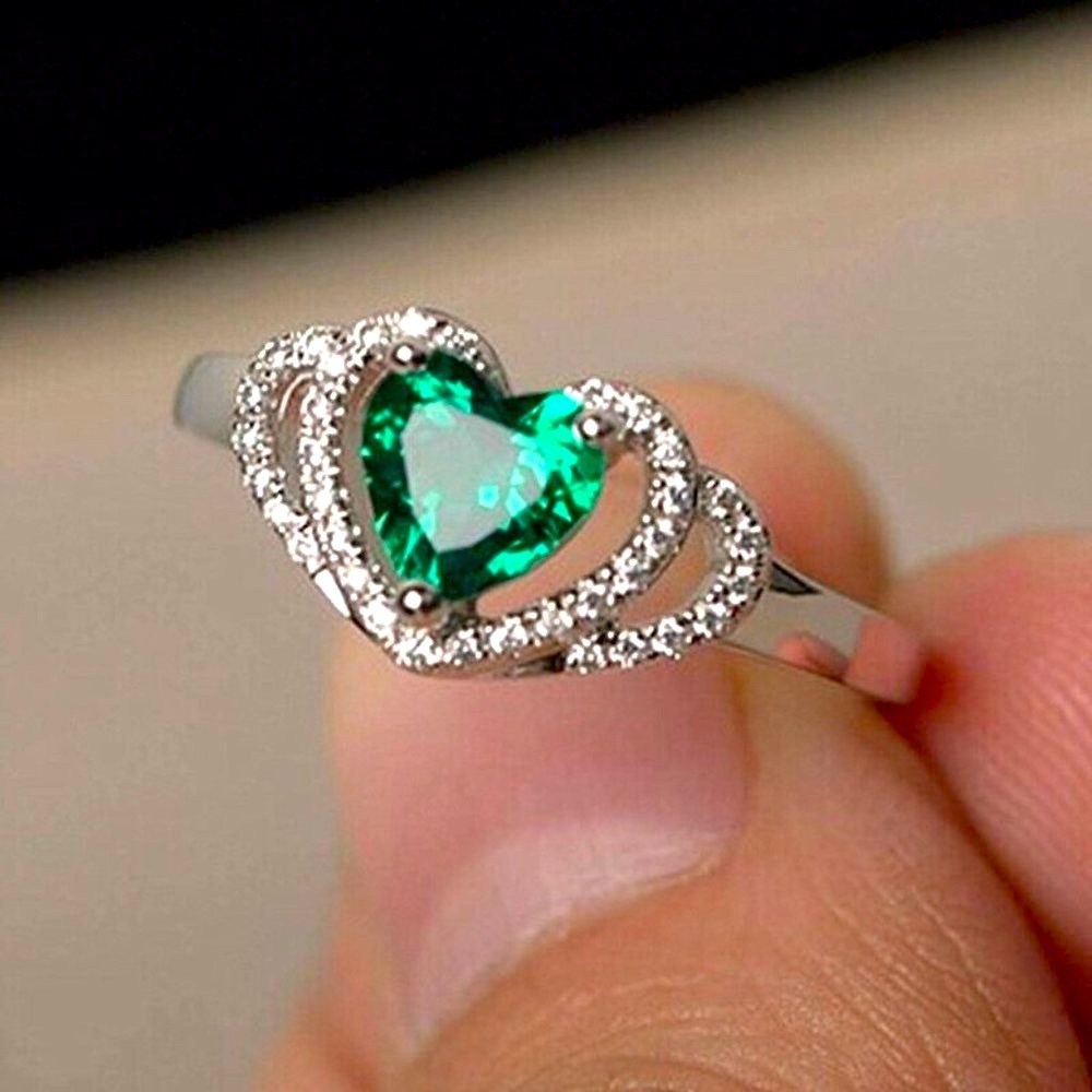 New 925 Sterling Silver Double Halo Emerald Heart Ring
